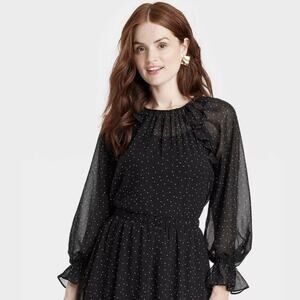 A New Day Women's Black Polka Dot Long Sleeve Sheer Blouse Size M